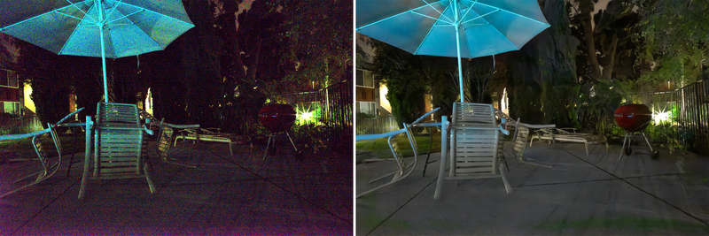 (Left) An under-exposed photo corrected using traditional image processing tools. (Right) The same image corrected using the deep learning algorithms.